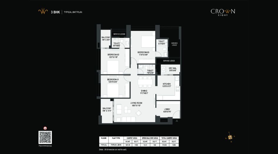 Pyramid-crown-8-Floor-Plan-3 BHK-1288 Sqft